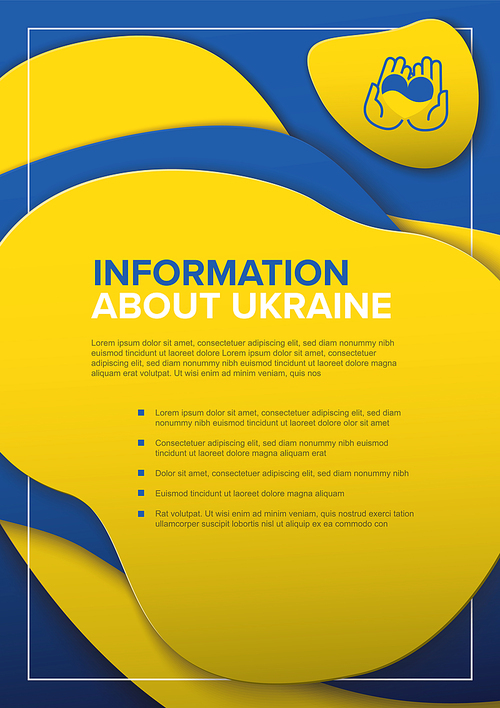 Help Ukraine Information flyer a4 poster template with sample content, vertical version with blue and yellow elements and information about Ukraine