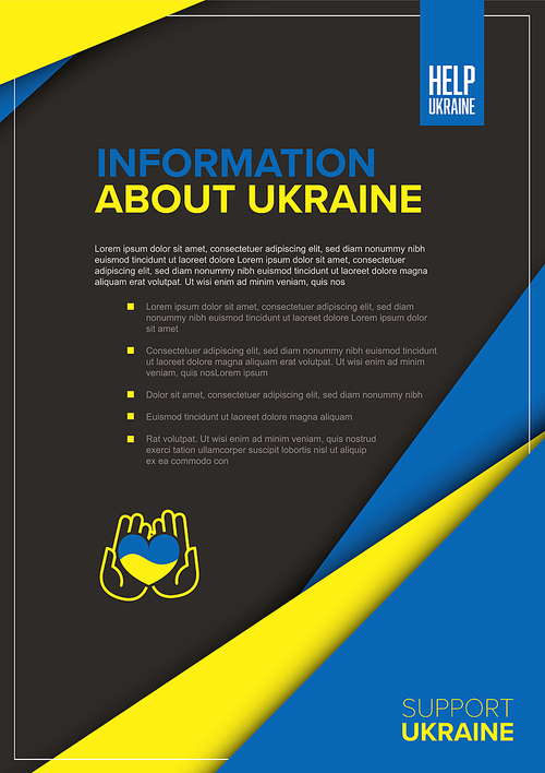 Help Ukraine Information flyer a4 poster template with sample content, vertical dark version with blue and yellow corners and information about Ukraine