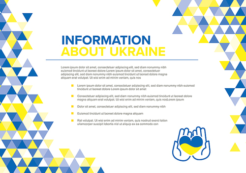 Help Ukraine light Information flyer a4 poster template with sample content, horizontal white background version with blue and yellow elements and information about Ukraine