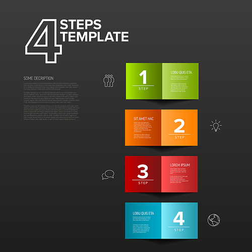 Vector four simple colorful folded paper steps progress template with descriptions and icons. Vertical set od folded papers as four steps of procedure on dark background