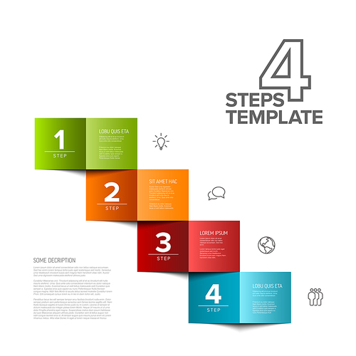Vector four simple colorful folded paper steps progress template with descriptions and icons. Diagonal set od folded papers as four steps of procedure