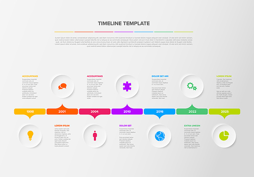 Vector multipurpose simple light progress timeline steps template with descriptions, icons and circles - universal minimalistic infochart time line layout