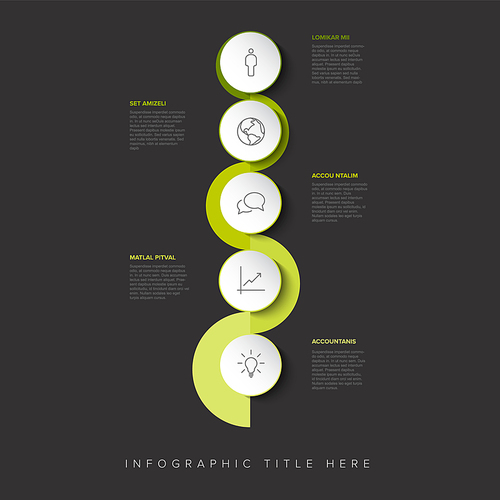 Vector dark vertical Infographic Company Milestones curved horizontal Timeline Template. Dark time line template with icons on white buttons and curved green background. Timeline with curves icons and text content