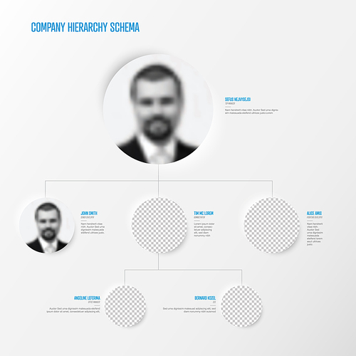 Minimalist company organization hierarchy chart schema template - light version with photos on circle relief placeholders. Simple people chart diagram schema