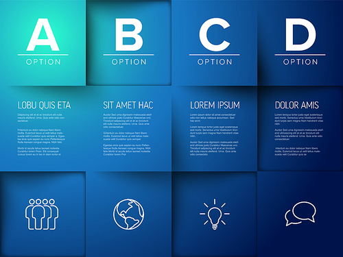 Deep blue multipurpose mosaic with four letter options infographic made from blue color content squares with icons letters and texts. Simple editable infographic template