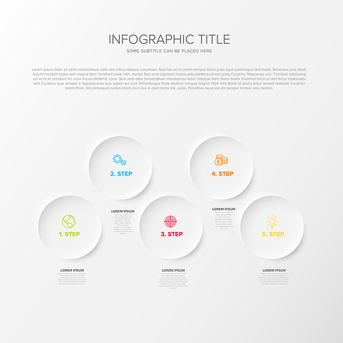 Vector multipurpose Infographic template with five circle elements options steps. Multipurpose Infochart with modern colors. Infographic with relief circles and light background