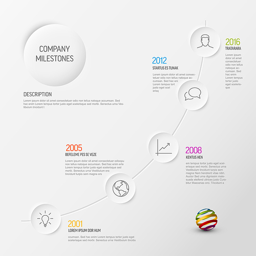 Infographic progress timeline template with relief circle elements with icons and descriptions. Light gradient version with color elements and sample logo placeholder