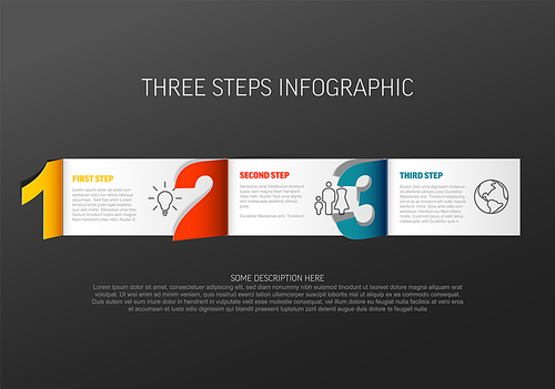 Progress proces template with three horizontal steps some descriptions and icons starts with big three paper folded numbers. Simple three steps proces template.