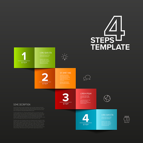 Vector four simple colorful folded paper steps progress template with descriptions and icons. Diagonal set od folded papers as four steps of procedure on dark background