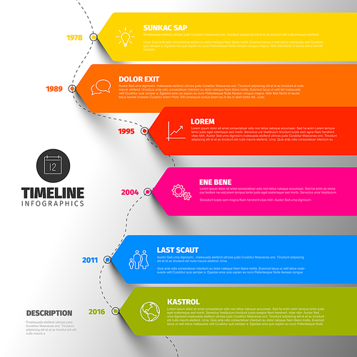 Vector colorful Infographic typographic timeline report template with the biggest milestones, years and description - vertical rainbow infochart version with long stripes