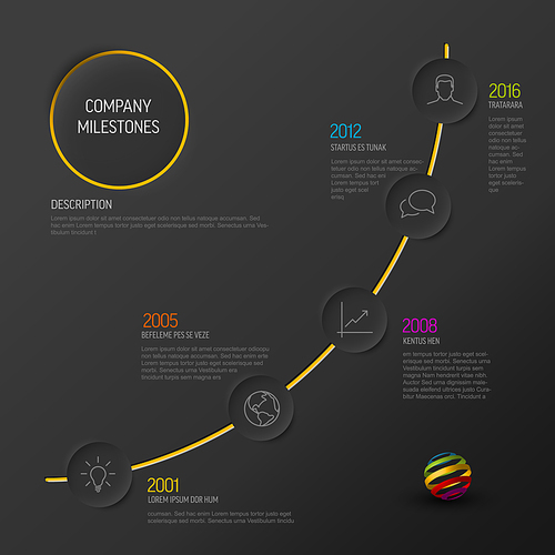 Infographic progress timeline template with relief circle elements with icons and descriptions. Dark  gradient version with color elements and sample logo placeholder