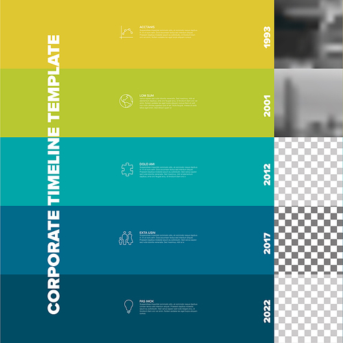 Vector simple infographic time line template with square photo placeholders on colored stripes. Business company timeline overview profile with photos and text blocks. Multipurpose vertical photo timeline infograph or infochart