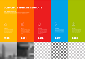 Vector simple infographic time line template with square photo placeholders on colored stripes. Business company timeline overview profile with photos and text blocks. Multipurpose photo timeline infograph or infochart