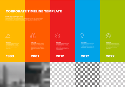 Vector simple infographic time line template with square photo placeholders on colored stripes. Business company timeline overview profile with photos and text blocks. Multipurpose photo timeline infograph or infochart
