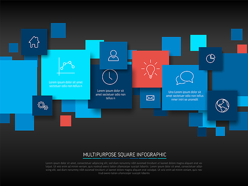 Vector infographic diagram with various blue descriptive squares on dark gray background- infographic template - blue and red content squares with icons and descriptions