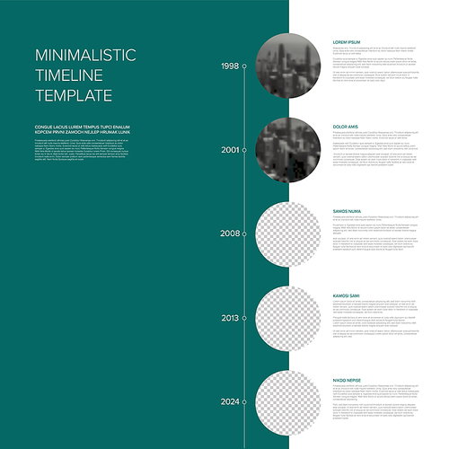 Vector Infographic simple minimalistic vertical timeline template made from circle photo placeholders with text content - light version with simple time line. Time line infochart with pictures in circle windows.