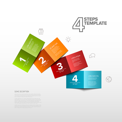 Vector four simple colorful folded paper steps progress template with descriptions and icons. Fan set of folded papers as four steps of procedure on white background