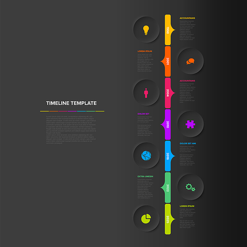 Vector multipurpose simple dark vertical progress timeline steps template with descriptions, icons and circles - universal minimalistic infochart time line layout