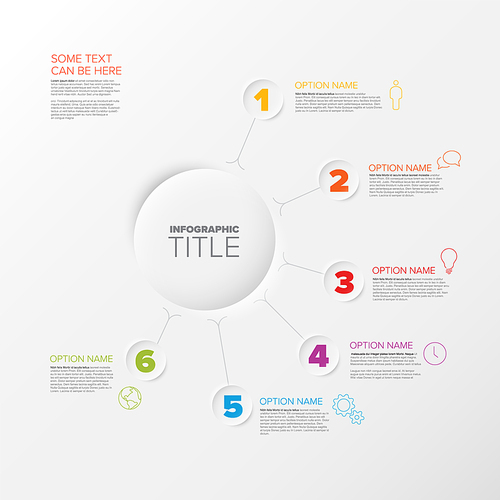 Infographic report template for six steps or options, made from circle relief elements with big numbers descriptions and icons