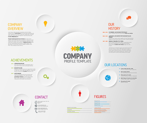 Company infographic profile design template with modern icon elements on relief light circles. Company achievements contact figures locations history overview template