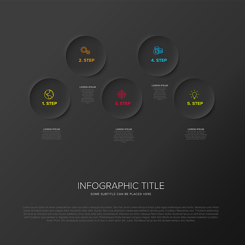 Vector dark multipurpose Infographic template with five circle elements options steps. Multipurpose Infochart with modern colors. Infographic with relief circles and dark background