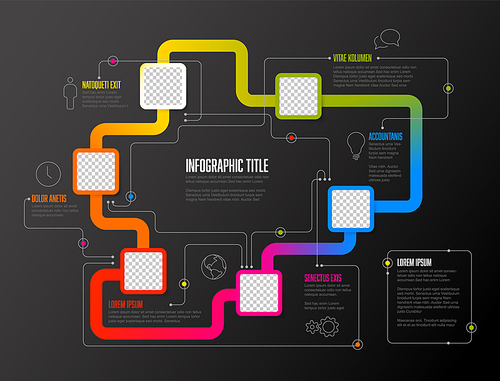 Vector Infographic Company Milestones Timeline Template with rounded square photo placeholders on dark gradient colorful line icons and descriptions