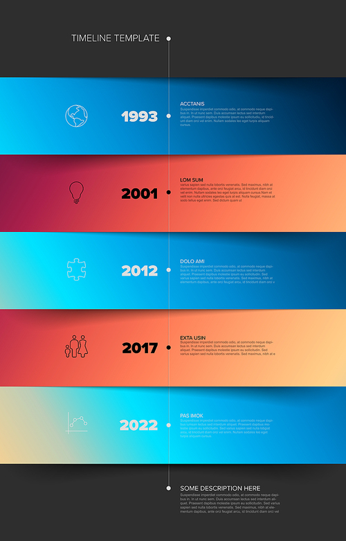 Stripped timeline template with big blue and red gradient color blocks. Vector vertical Infographic Company Milestones Time line Template with blue and red color horizontal stripes