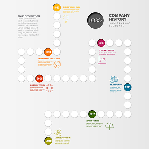Vector Infographic timeline report template with icons and simple content - desktop board game made from small circles with important color milestones template
