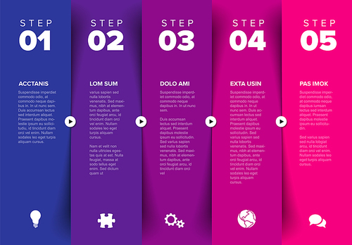 Five vector progress block steps template with descriptions, big numbers. Five fresh color vertical column stripe steps in sequence with tasks descriptions - blue purple version