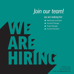 We are hiring minimalistic flyer template - looking for new members of our team hiring a new member colleages to our company organization team. Hiring teal flyer banner advertisement