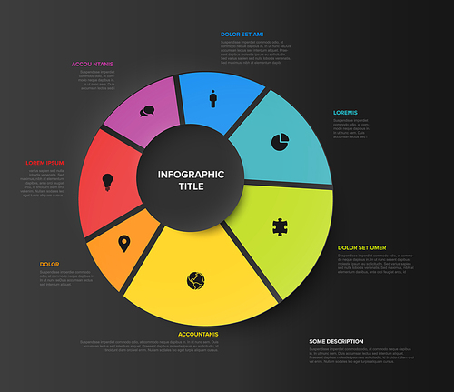 Vector multipurpose Infographic template made from seven  pie chart pieces, icons and short descriptions. Minimalistic  infograph layout template with seven elements - dark version
