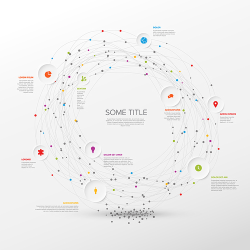 Vector multipurpose Infographic template with title and elements options lying on a cycle loop. Multipurpose Infochart with modern colors. Infographic with relief circles and light background