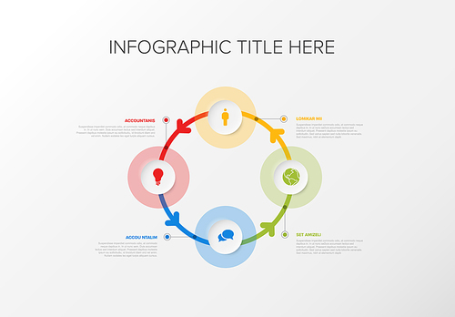 Vector multipurpose Infographic cycle template with four color circles elements options on a light gray background with big color circles and arrows.
