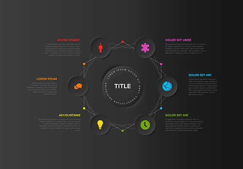 Vector multipurpose Infographic template with title and six elements options around middle circle. Multipurpose Infochart with modern colors. Infographic with relief circles and dark background