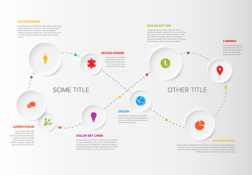 Vector multipurpose Infographic template with title and elements options lying on an endless loop. Multipurpose Infochart with modern colors. Infographic with relief circles and light background