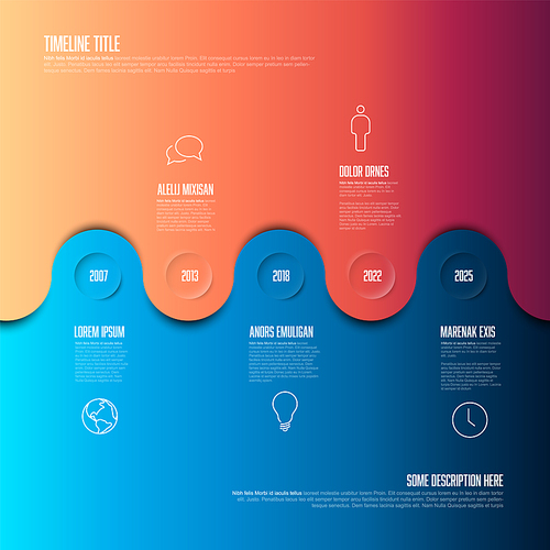 Vector horizontal Infographic Company Milestones Timeline Template with circles and dual color background - red and blue. Time line template version with icons on split background
