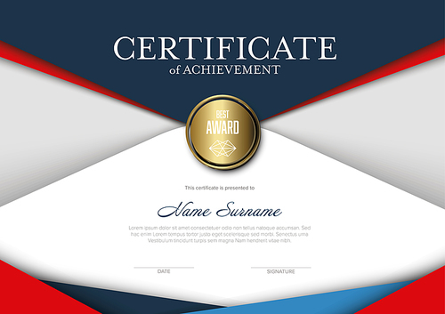 Modern certificate of achievement diploma template with place for your content - material red and blue design with golden seal