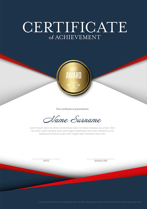 Modern vertical certificate of achievement diploma template with place for your content - material red and blue design with golden seal