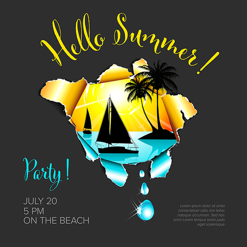 Hello Summer! Summer party banner flyer header poster template with yacht sea hot summer and palm trees on dark gray background with place for your invitation text