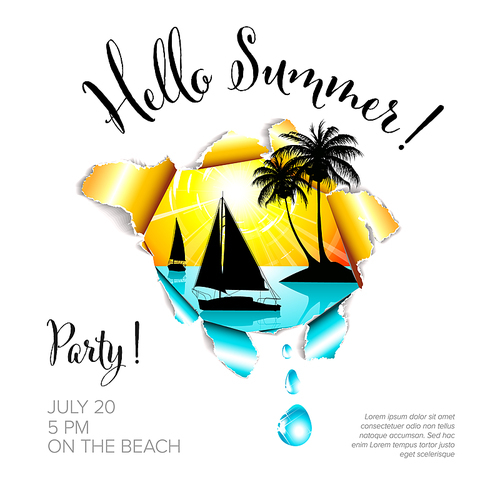 Hello Summer! Summer party banner flyer header poster template with yacht sea hot summer and palm trees on white background with place for your invitation text