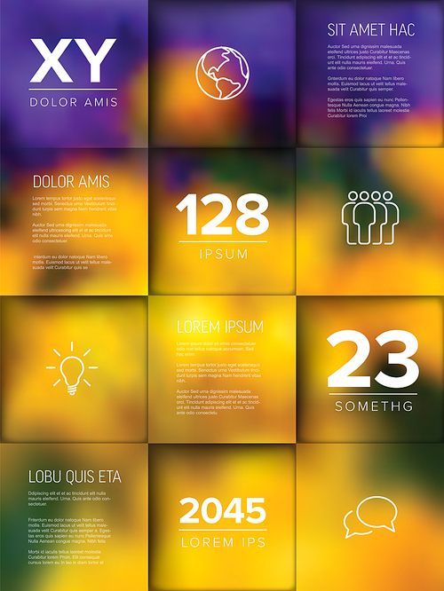 Multipurpose vertical mosaic infographic made from content squares with icons numbers and texts and a background photo placeholder