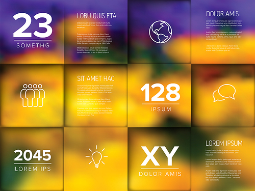 Multipurpose mosaic infographic made from content squares with icons numbers and texts and a background photo placeholder