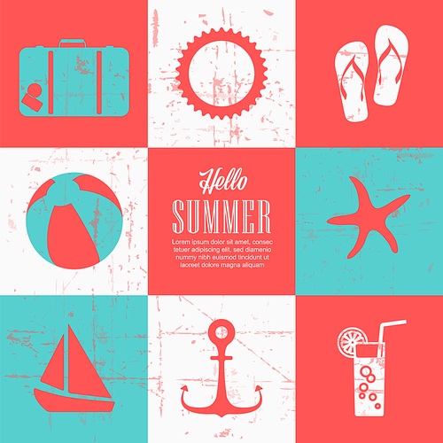 Summer retro banner header poster template with middle text content square and eight differente retro vintage summer travel icons mosaic in vivid colors
