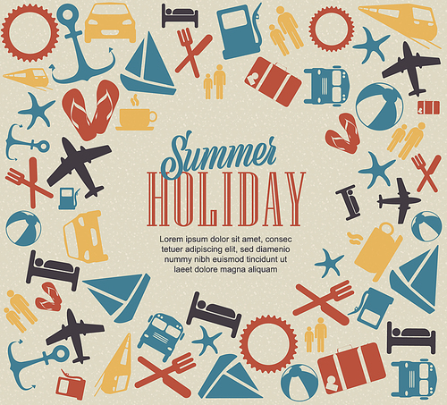 Summer retro travel banner header poster template with various travel holiday icons in different retro old color variations