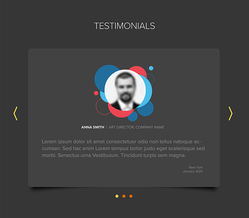 Simple dark gray minimalistic testimonial review card layout template with photo placeholder and sample, message and navigation accordion buttons