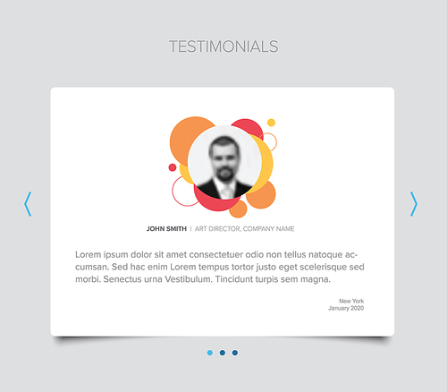 Simple white minimalistic testimonial review card layout template with photo placeholder and sample, message and navifation accordion buttons