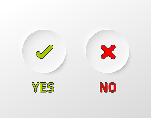 Set of fresh minimalist icons for various status - yes, no, accept, cancel in light relief circles on light gray gradient background - green and red color