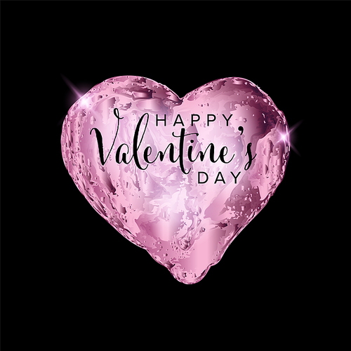 Glass Happy Valentines day card template - pink glass heart shape concept illustration on a black  background with Happy Valentines day text