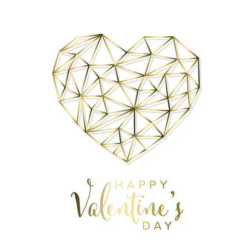 Golden wire Happy Valentines day card template - golden heart triangle shape concept illustration on white background with Happy Valentines day text