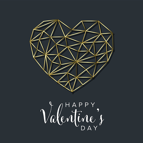 Golden wire Happy Valentines day card template - golden heart triangle shape concept illustration on dark gray background with Happy Valentines day text